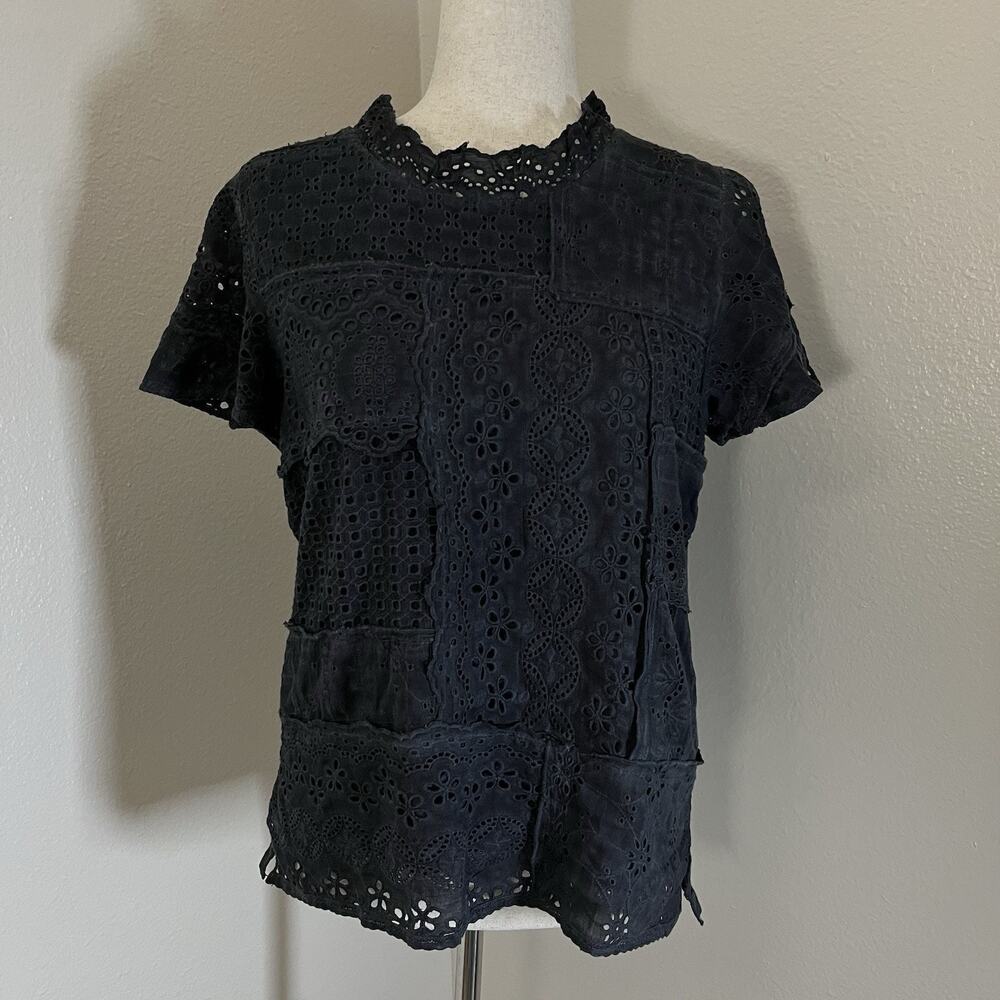 Sundance Black Eyelet Top Womens Small Short Sleeve Patchwork
